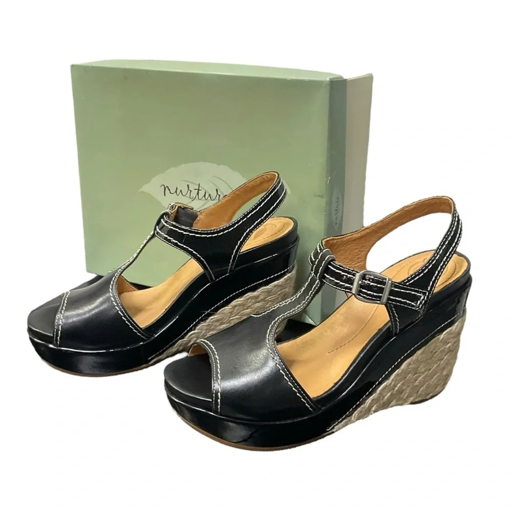🌿 Nurture Women’s 9M Black Leather Espadrille Wedge Sandal Platform Heel NIB‎